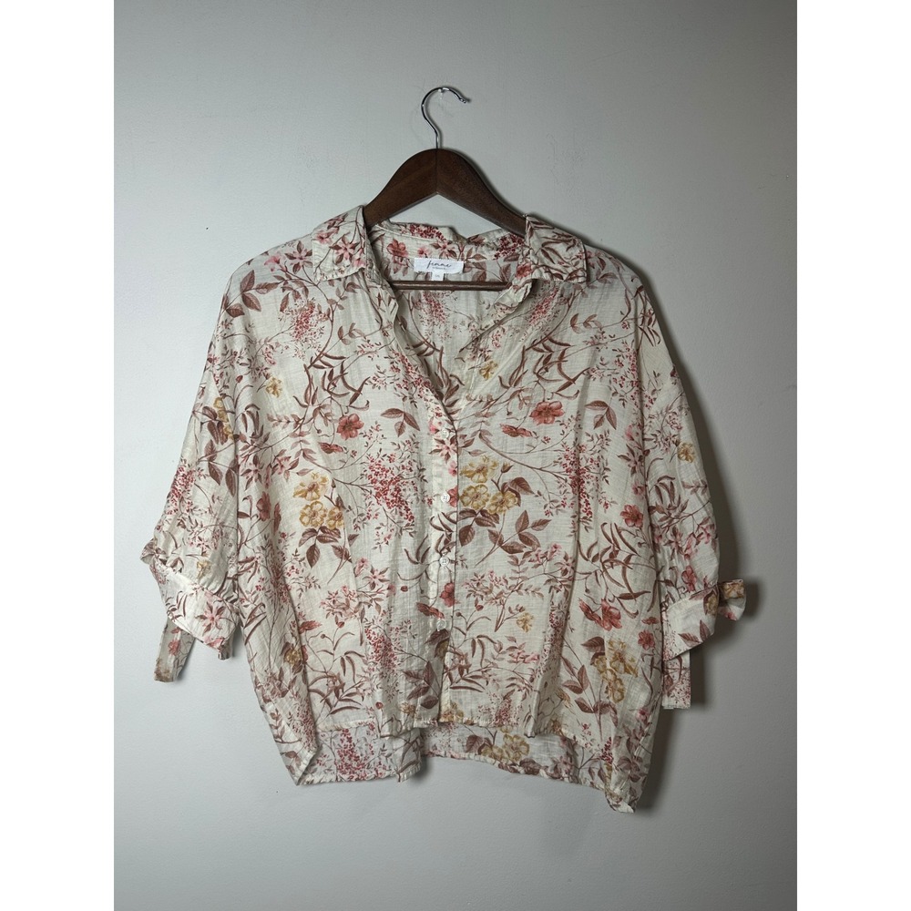 Femme Tamara H. Fall Floral Linen Blend Split V-Neck Blouse Size L Romantic Boho